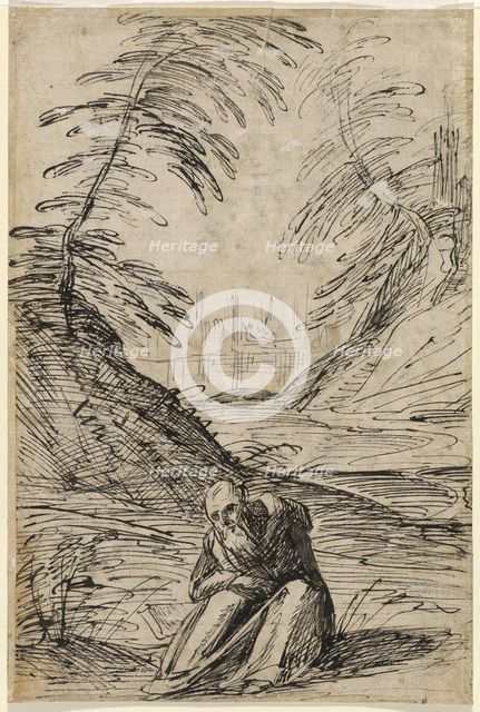 Desert Landscape with a Hermit (verso), 1615/1620. Creator: Hermann Weyer.