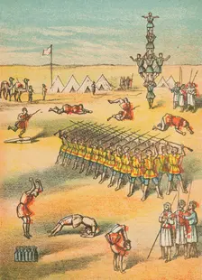 Desert scene with acrobats, soldiers, camels and tents, 19th century. Creator: Unknown