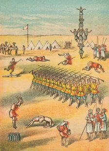 Desert scene with acrobats, soldiers, camels and tents, 19th century. Creator: Unknown