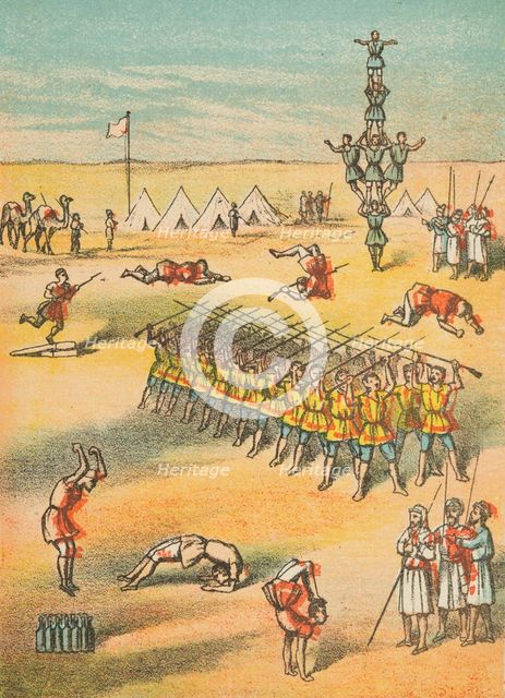 Desert scene with acrobats, soldiers, camels and tents, 19th century. Creator: Unknown.