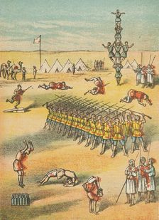 Desert scene with acrobats, soldiers, camels and tents, 19th century. Creator: Unknown