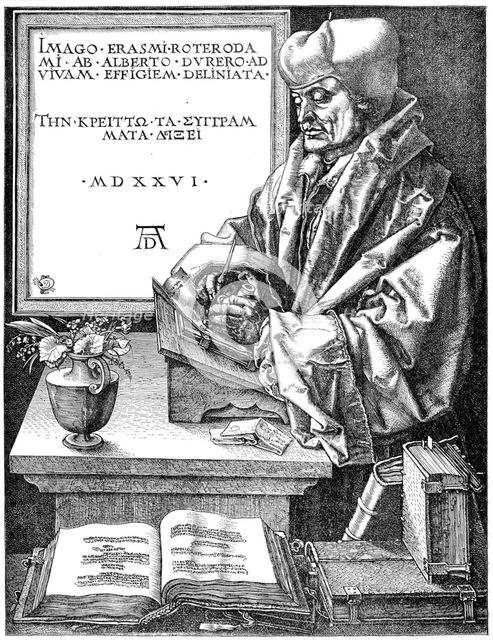Desiderus Erasmus using writing slope (1465-1536), Dutch humanist and scholar. Artist: Unknown