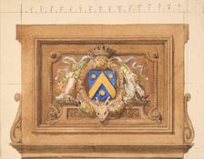 Design of a decorative panel featuring hunting trophies, a shield, and a crown, 19th century. Creators: Jules-Edmond-Charles Lachaise, Eugène-Pierre Gourdet