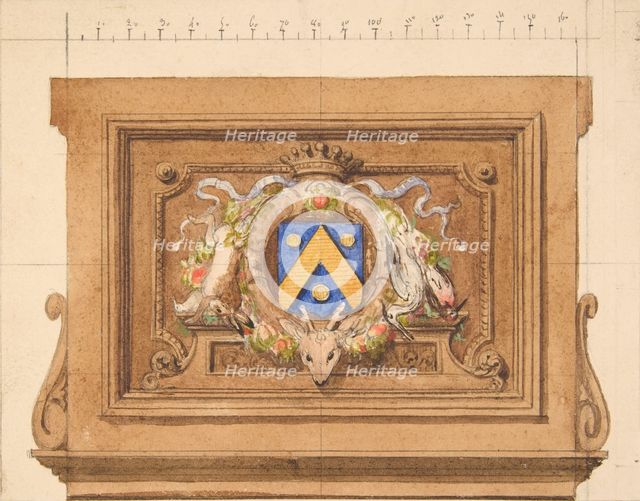 Design of a decorative panel featuring hunting trophies, a shield, and a crown, 19th century. Creators: Jules-Edmond-Charles Lachaise, Eugène-Pierre Gourdet.