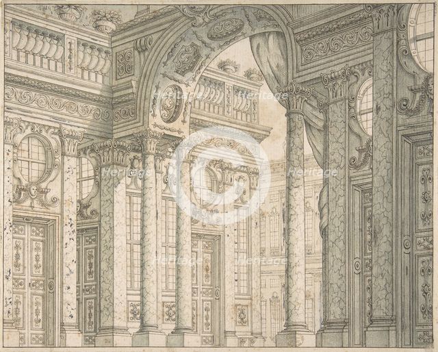 Design of a Perspective for a Stage Set with Courtyard and Triumphal Arch., ca. 1675-1743. Creator: Ferdinando Galli Bibiena.