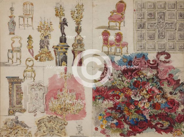 Design of furniture, ceiling, lamps, decorative wall painting with flowers for the Jussupow Palace o