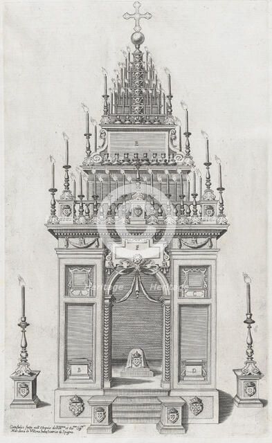 Design of the catafalque for the exequies of the Marchesa di Villena in San Giacomo degli ..., 1604. Creator: Anon.