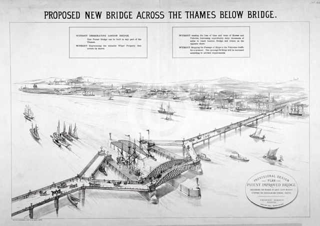 Design by Frederic Barnett for a 'duplex' low-level bridge, London, 1876.                            Artist: Maclure, Macdonald, Macgregor