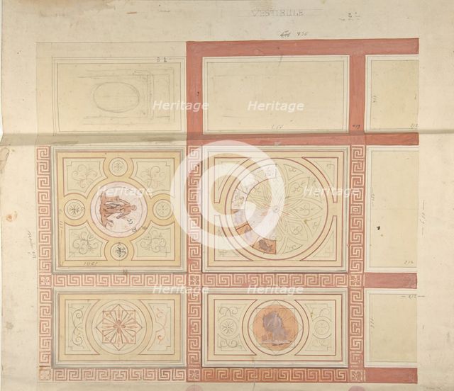 Design for the decoration of the ceiling of a vestibule in painted panels with roman key..., 1830-97 Creators: Jules-Edmond-Charles Lachaise, Eugène-Pierre Gourdet.