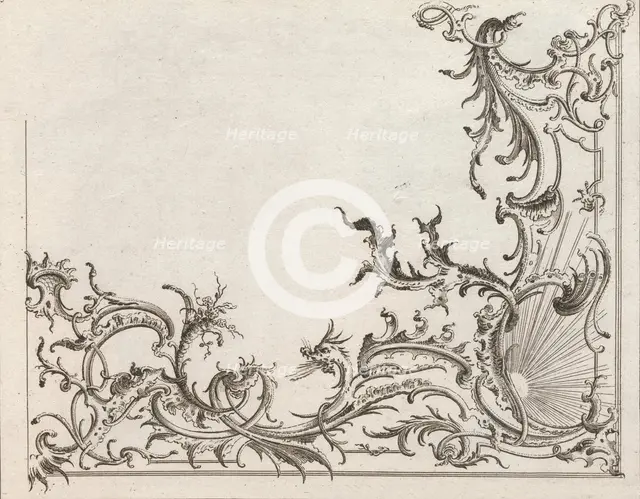 Design for the Decoration of the Lower Right Corner of a Ceiling, Plate 4 f..., Printed ca. 1750-56. Creator: Carl Pier.