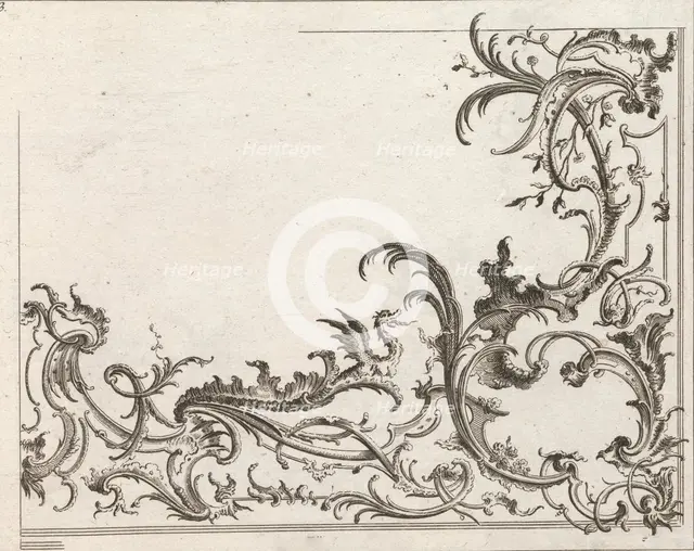 Design for the Decoration of the Lower Right Corner of a Ceiling, Plate 3 f..., Printed ca. 1750-56. Creator: Carl Pier.