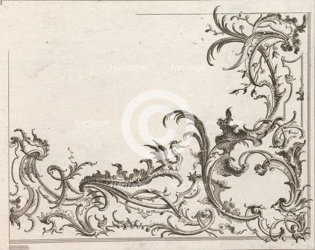 Design for the Decoration of the Lower Right Corner of a Ceiling, Plate 3 f..., Printed ca. 1750-56. Creator: Carl Pier.