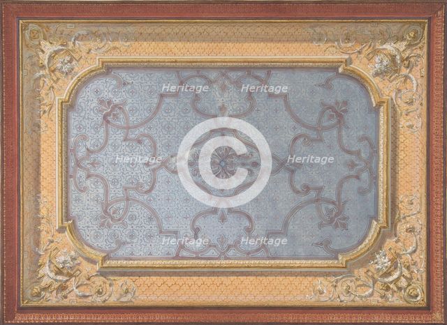 Design for the decoration of a ceiling with urns, swags, and portrait medallions..., 1830-97. Creators: Jules-Edmond-Charles Lachaise, Eugène-Pierre Gourdet.