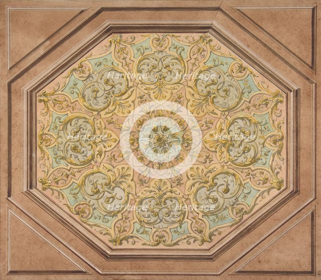Design for the decoration of a hexagonal ceiling with rinceaux, 1830-97. Creators: Jules-Edmond-Charles Lachaise, Eugène-Pierre Gourdet.