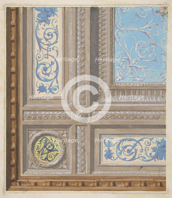 Design for the painted decoration of a coffered ceiling with initials: VR, 1830-97. Creators: Jules-Edmond-Charles Lachaise, Eugène-Pierre Gourdet.