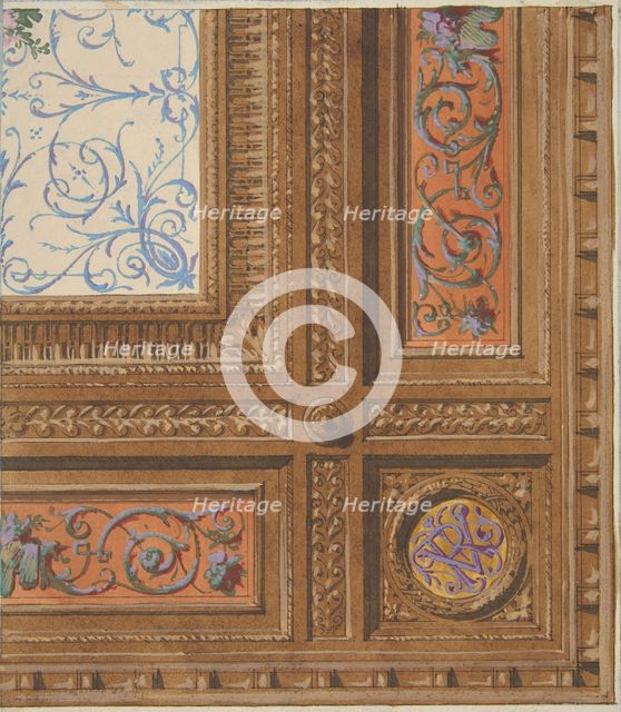 Design for the painted decoration of a coffered ceiling with initials: VR, 1830-97. Creators: Jules-Edmond-Charles Lachaise, Eugène-Pierre Gourdet.