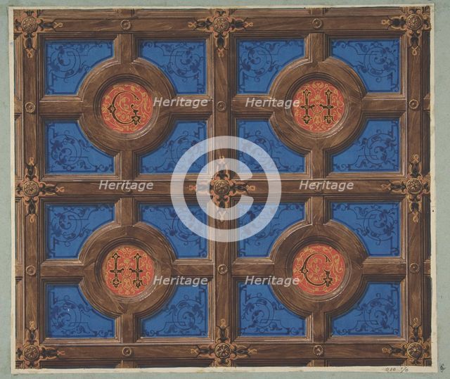 Design for the painted decoration of a coffered ceiling incorporating initials..., 1830-97. Creators: Jules-Edmond-Charles Lachaise, Eugène-Pierre Gourdet.