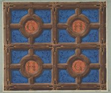 Design for the painted decoration of a coffered ceiling incorporating initials..., 1830-97. Creators: Jules-Edmond-Charles Lachaise, Eugène-Pierre Gourdet