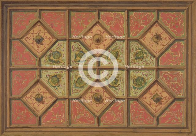 Design for the painted decoration of a coffered ceiling incorporating the initial: H, 1830-97. Creators: Jules-Edmond-Charles Lachaise, Eugène-Pierre Gourdet.