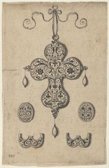 Design for the Verso of a Cross-Shaped Pendant Above a Pair of Oval Ornaments and A..., before 1573. Creator: Jan Collaert I