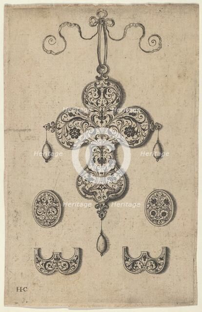 Design for the Verso of a Cross-Shaped Pendant Above a Pair of Oval Ornaments and A..., before 1573. Creator: Jan Collaert I.