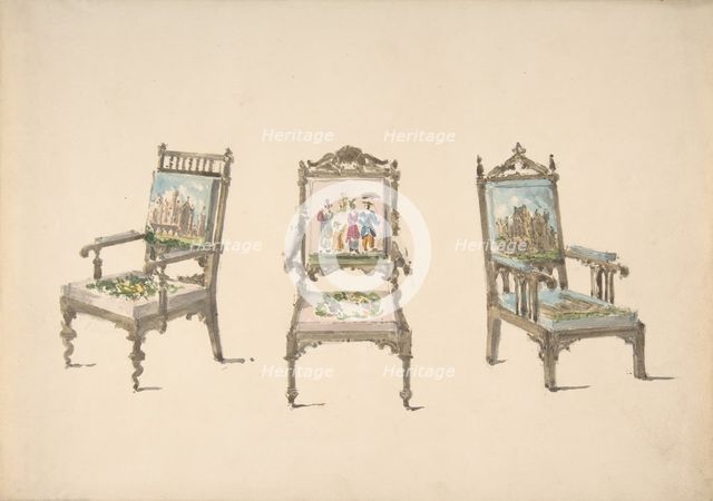 Design for Three Armchairs with Pictorial Upholstery, ca. 1830-40 . Creator: Anon.