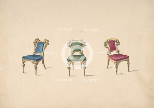 Design for Three Chairs with Blue, Green and Red Upholstery, early 19th century. Creator: Anon.