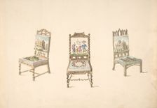 Design for Three Chairs with Pictorial Upholstery, early 19th century. Creator: Anon
