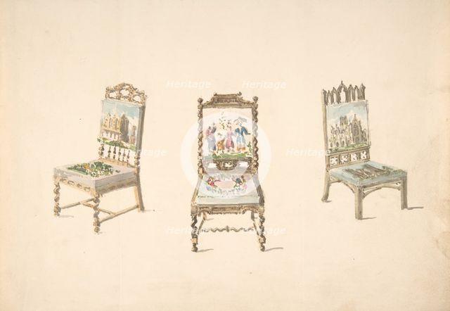 Design for Three Chairs with Pictorial Upholstery, early 19th century. Creator: Anon.