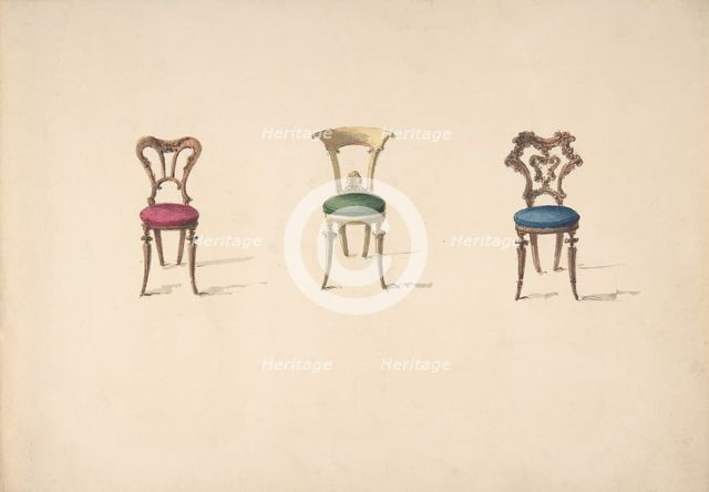 Design for Three Chairs with Red, Green and Blue Seats, early 19th century. Creator: Anon.