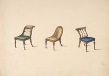 Design for Three Chairs with Slanted Backs, Green, Yellow and Blue..., early 19th century. Creator: Anon