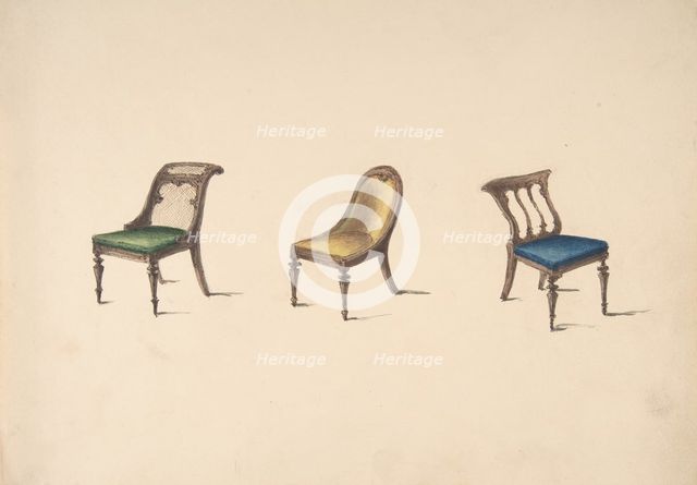 Design for Three Chairs with Slanted Backs, Green, Yellow and Blue..., early 19th century. Creator: Anon.