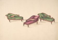 Design for Three Reclined Reading Sofas with Trays, on Casters, Upholstered..., early 19th cent. Creator: Anon