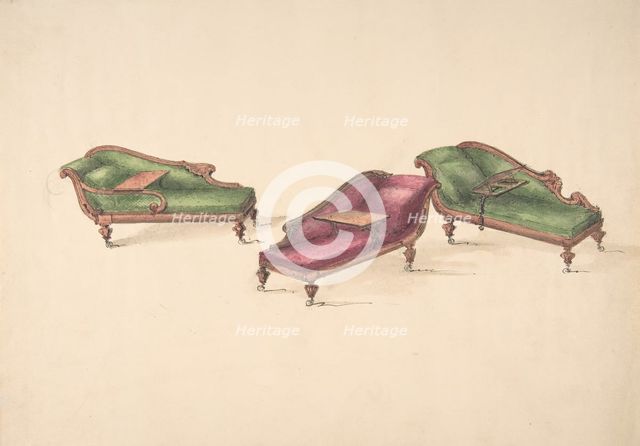 Design for Three Reclined Reading Sofas with Trays, on Casters, Upholstered..., early 19th cent. Creator: Anon.