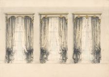 Design for Three Sets of Gray Curtains , with Gray and Gold Pediments, early 19th century. Creator: Anon
