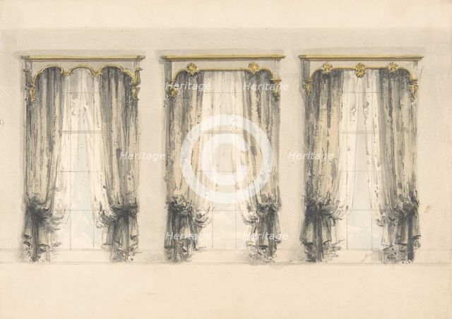 Design for Three Sets of Gray Curtains , with Gray and Gold Pediments, early 19th century. Creator: Anon.