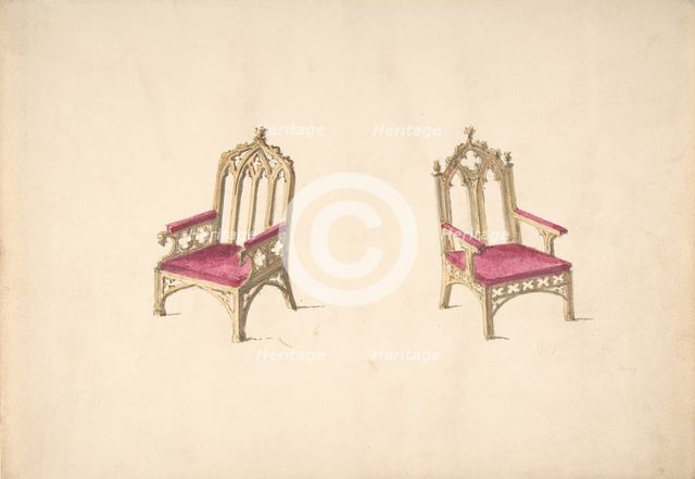 Design for Two Gothic Style Armchairs, early 19th century. Creator: Anon.