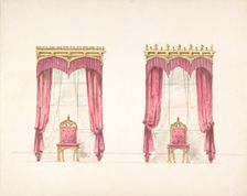 Design for Two Red Fringed Curtains with Gold Pelmets, early 19th century. Creator: Anon