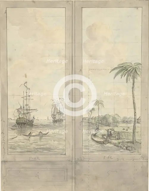 Design for two wallpapers: river with ships in the colonies, c.1752-c.1819. Creator: Juriaan Andriessen.