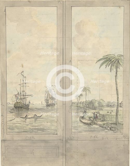 Design for two wallpapers: river with ships in the colonies, c.1752-c.1819. Creator: Juriaan Andriessen.