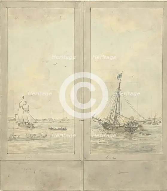 Design for two wallpapers: river with ships in the Netherlands, c.1752-c.1819. Creator: Juriaan Andriessen.