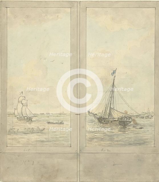 Design for two wallpapers: river with ships in the Netherlands, c.1752-c.1819. Creator: Juriaan Andriessen.