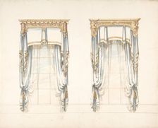 Design for Two White Curtains with Gold Fringes and a Gold Pediment, early 19th century. Creator: Anon
