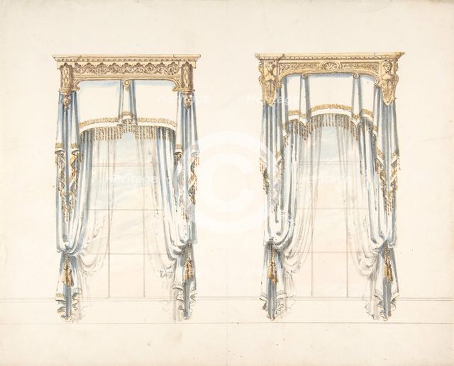 Design for Two White Curtains with Gold Fringes and a Gold Pediment, early 19th century. Creator: Anon.