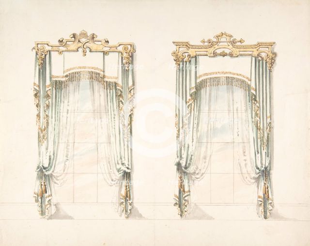Design for Two White Curtains with Gold Fringes and a White and Gold Pelmets, early 19th cent. Creator: Anon.