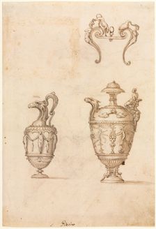 Design for Two Vases and an Ornament (recto), mid 1500s. Creator: Luzio Romano (Italian, active 1528-75)