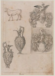 Design for Two Vases, Two Coats of Arms, and a Bull (recto), mid 1500s. Creator: Luzio Romano (Italian, active 1528-75)
