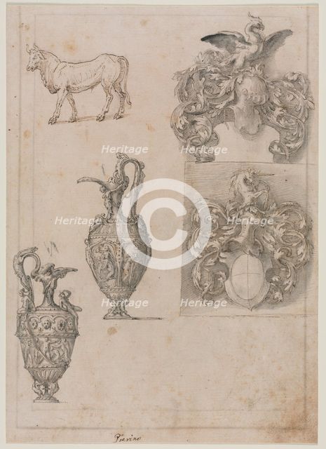 Design for Two Vases, Two Coats of Arms, and a Bull (recto), mid 1500s. Creator: Luzio Romano (Italian, active 1528-75).