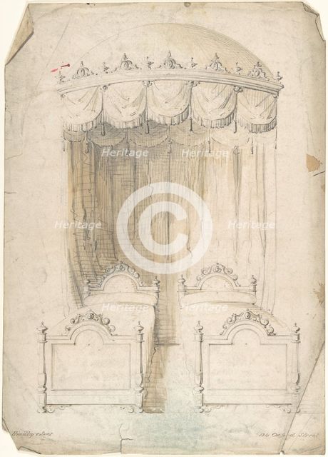 Design for Twin Beds with a Canopy, 1841-84. Creator: Charles Hindley & Sons.