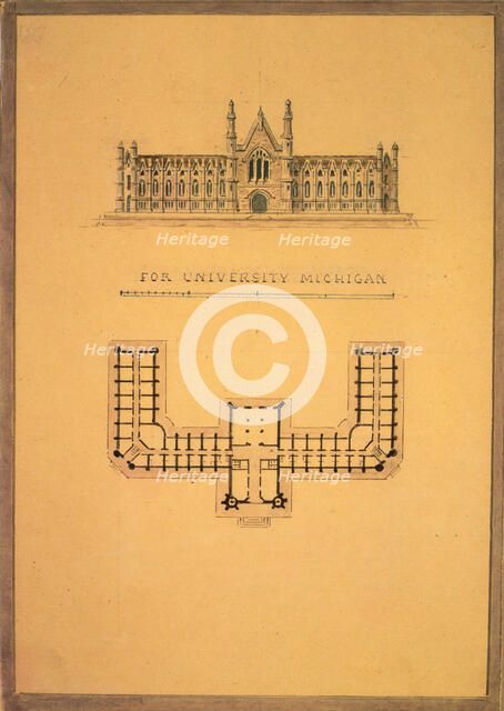 Design for University of Michigan (elevation and plan), ca. 1838-39. Creator: Alexander Jackson Davis.